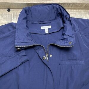 Eileen Fisher Organic‎ Cotton Blend Rain Coat Windbreaker Jacket Blue Hooded Zip